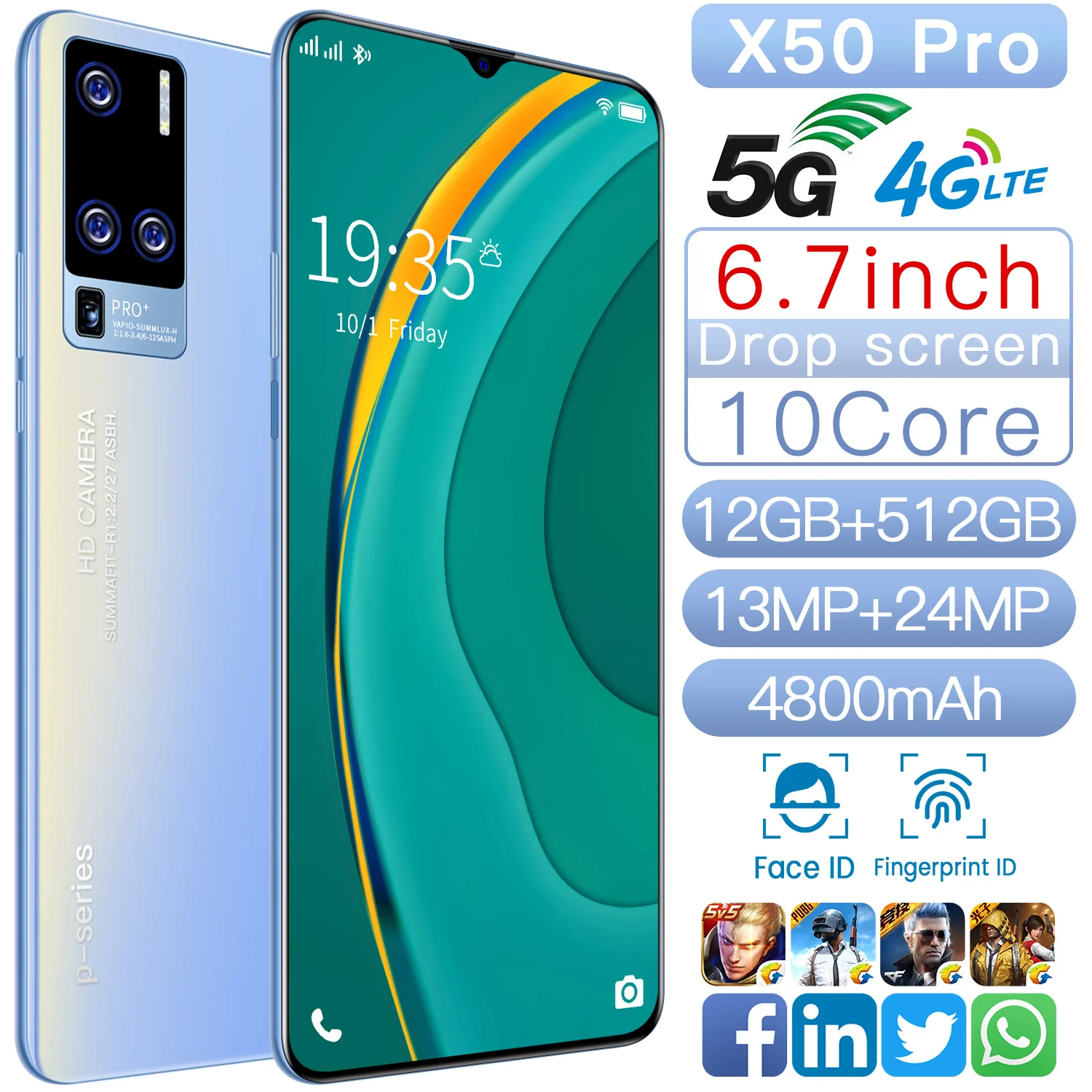 New Original Unlocked Smartphone X50 Pro With Dual SIM Card Face ID Unlock Android12GB+512GB Mobile Phone