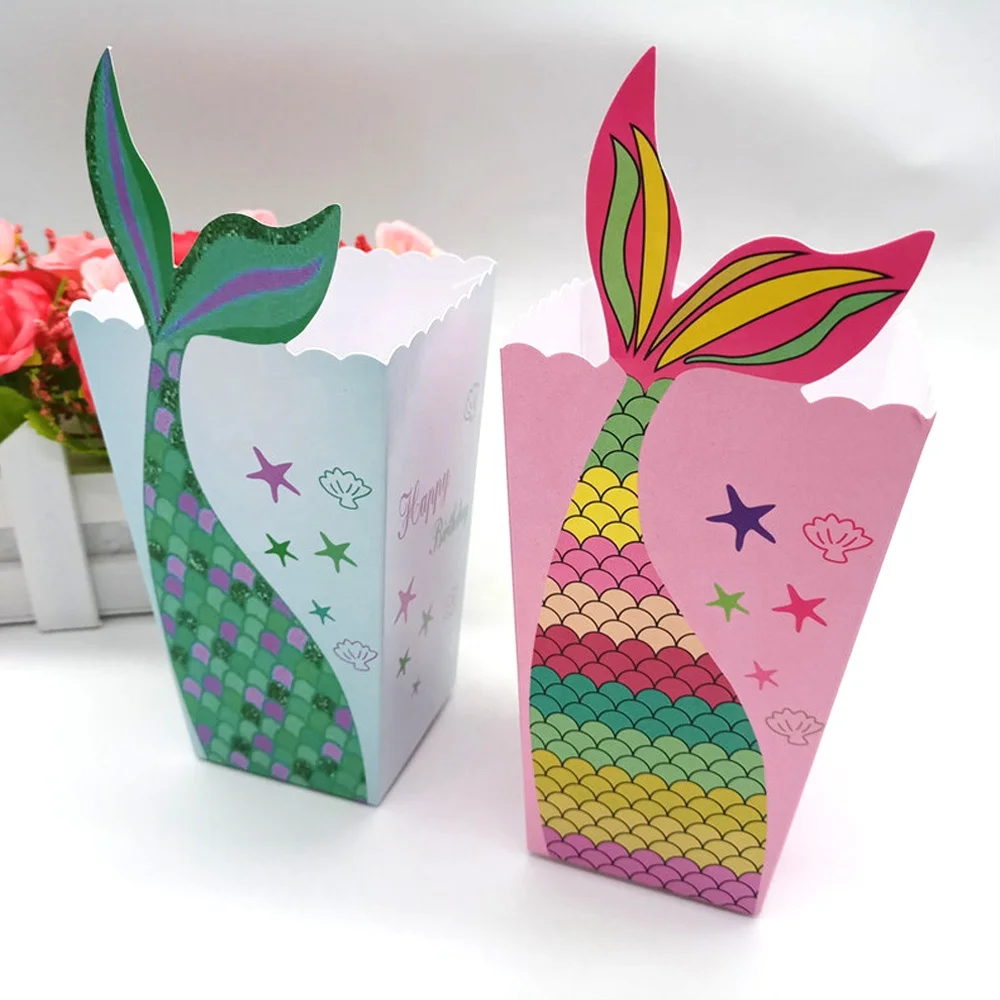 12 Pcs/Pack Cartoon Cartoons Mermaid Tail Popcorn Boxes Party Decoration Pop Corn Packaging Box for Baby Happy Birthday Party