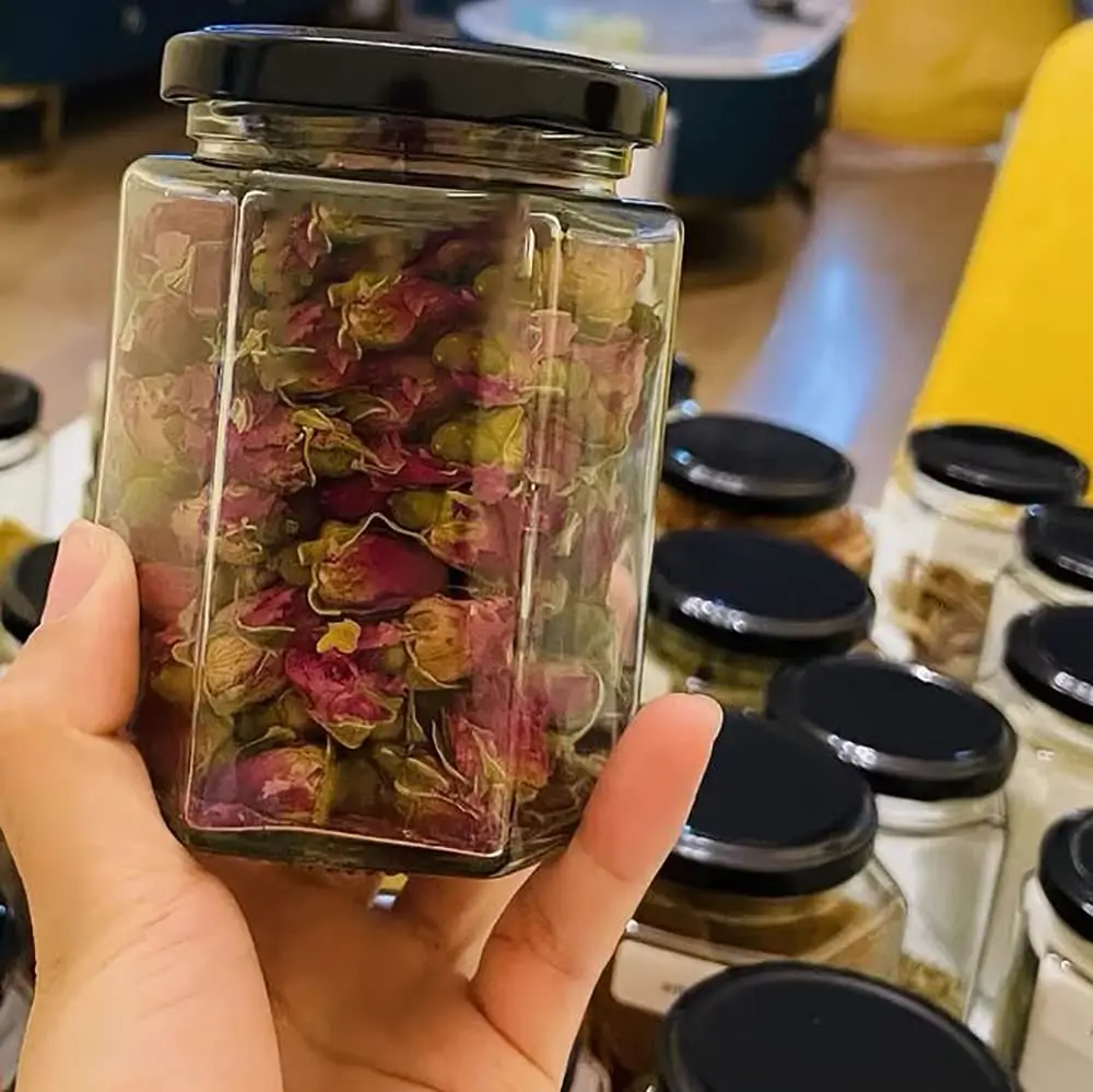 High Quality 16oz Hexagon Glass Bottle with Black Metal Cap Honey Jam Jar packaging