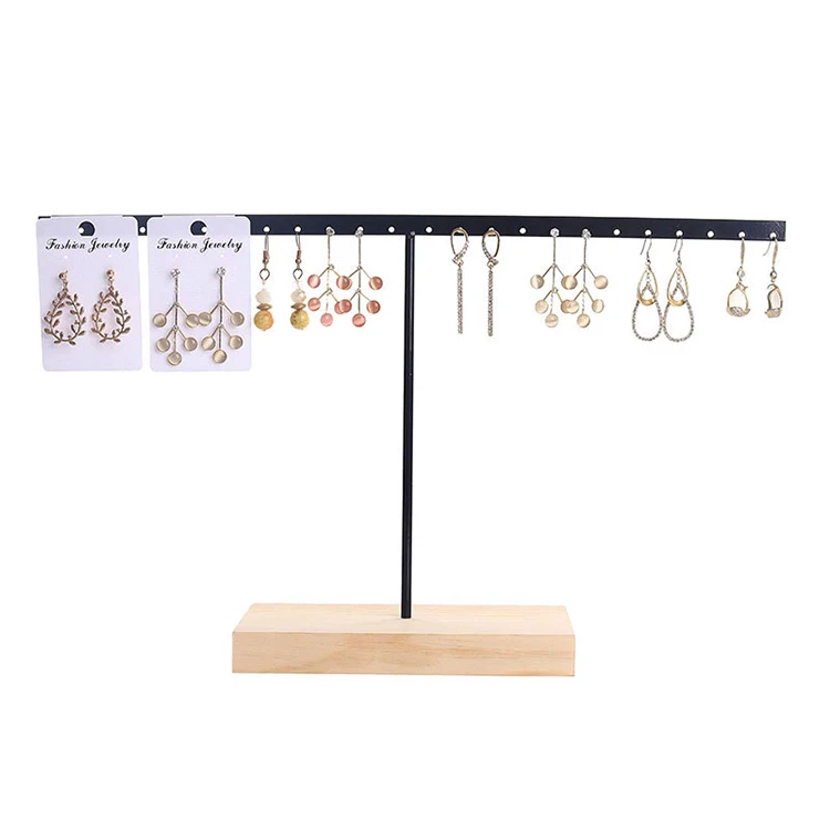 SHI SHENG Newly Black Metal T-shaped Jewelry Shelf with Wooden Bottom for Earrings Necklace Pendant Jewelry Display Stand