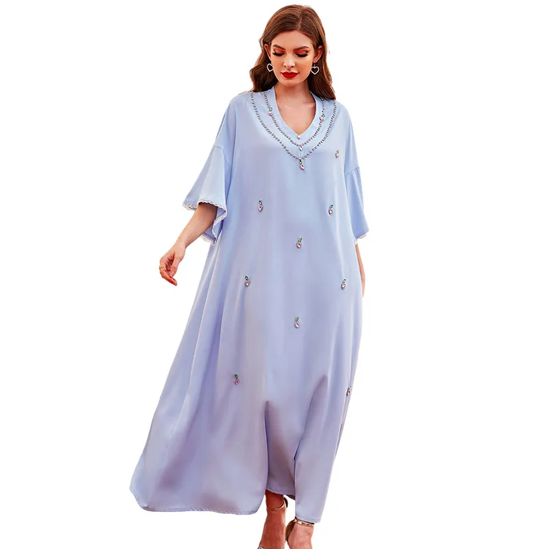 Elegant Moroccan Kaftan Abaya Women Evening Dress Islamic Clothing Muslim Dubai Bat Sleeve V-neck Fashion High Quality Natural