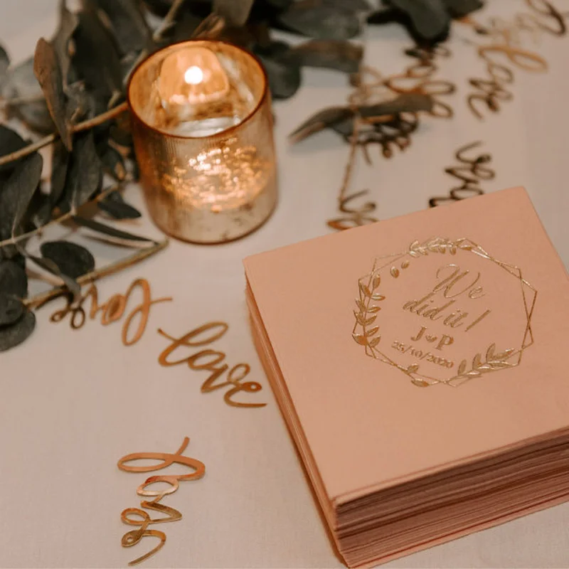  custom printed beverage napkin foil stamping dot rose gold paper