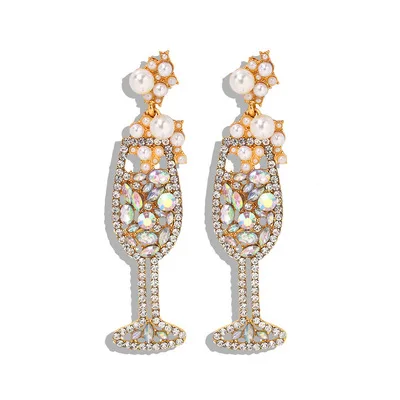 Charm Handmade Rhinestone Crystal Pearl beaded Drop Dangle Earrings Champagne Wine Glass Earrings For Woman