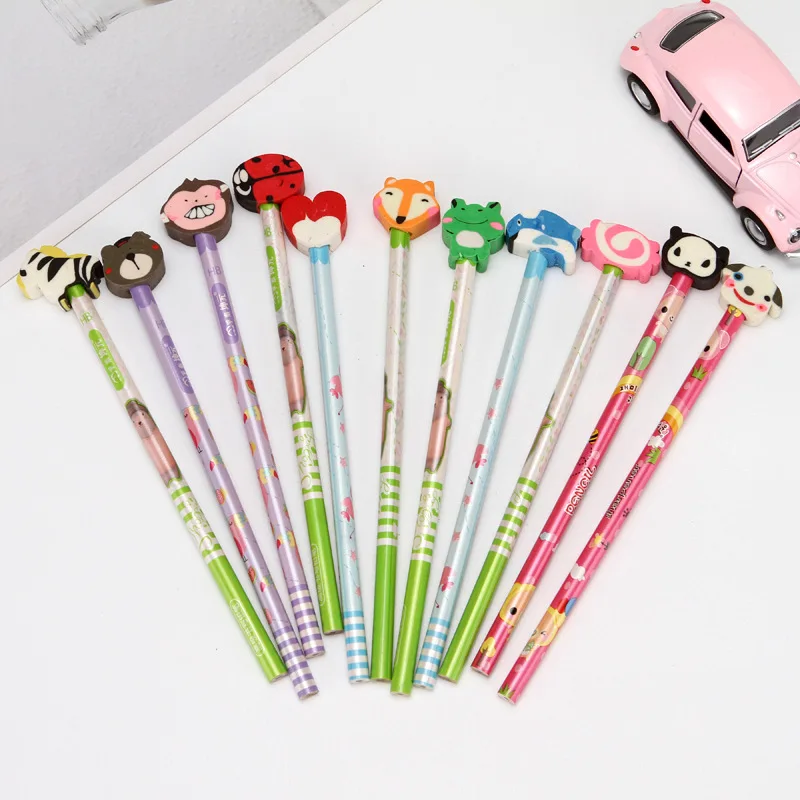 wholesale promotional pencil with animal eraser on top for kids novelty stationery HB wooden pencil gift