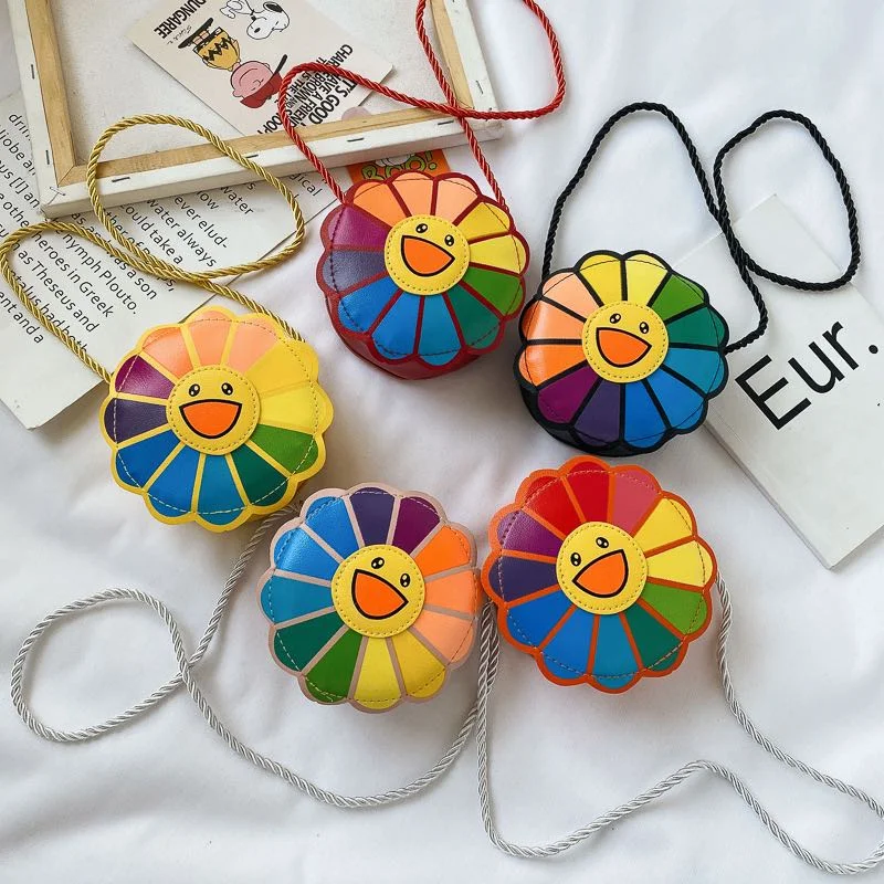 Rainbow sunflower children cross-body bag Cartoon cute girl small round bag Princess smiley face zero purse