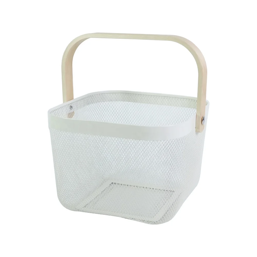 Hot selling metal white household fruit and vegetable storage basket with a wood handle