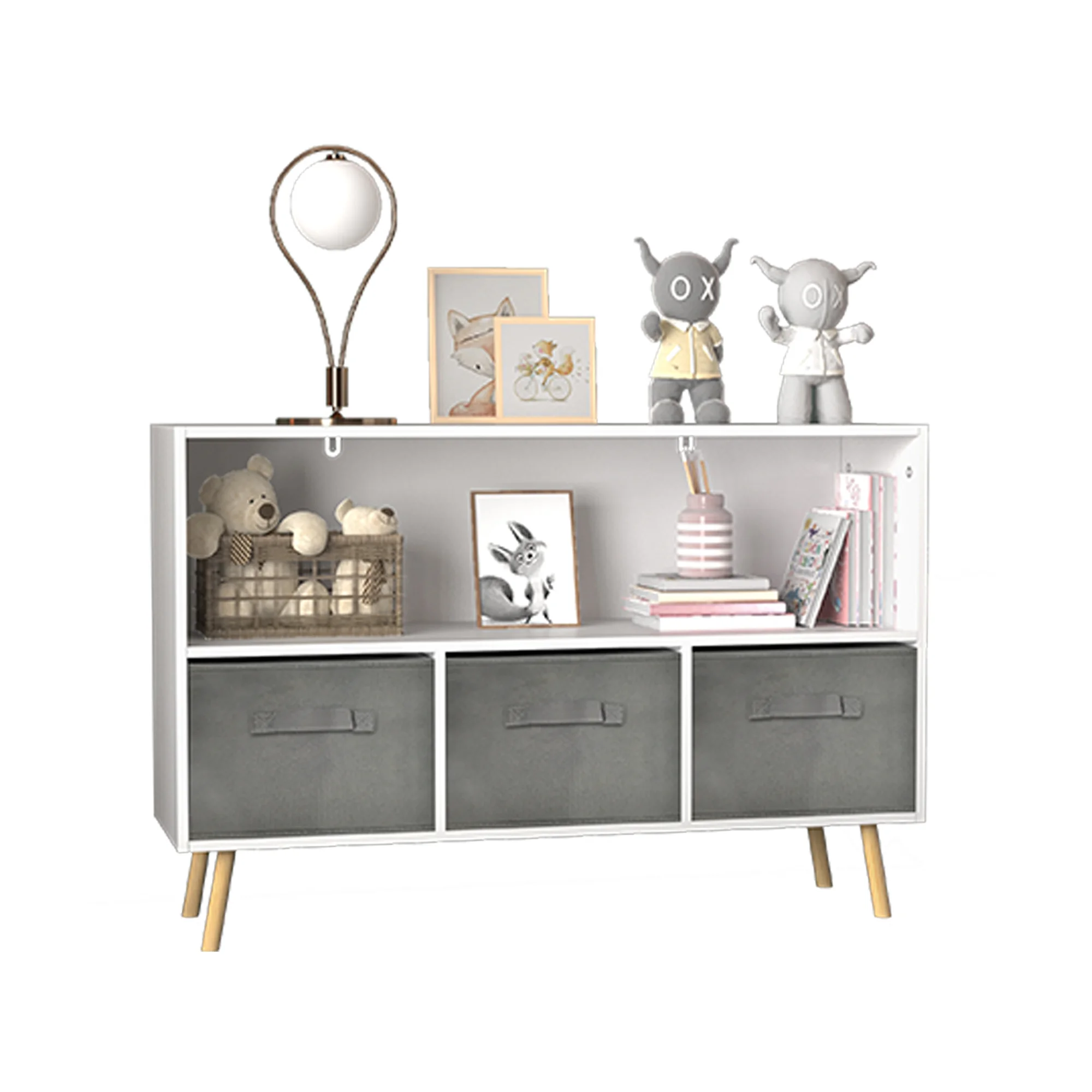 White Kids bookcase with Collapsible Fabric Drawers, Toy Storage Cabinet Organizer