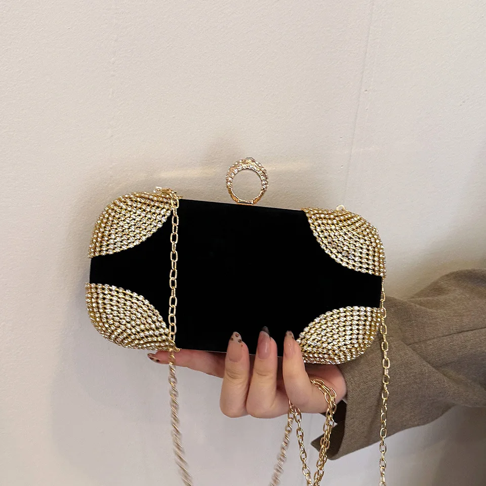fashion retro party dinner evening bags women handbag single shoulder hand luxury rhinestone suede chain crossbody bag