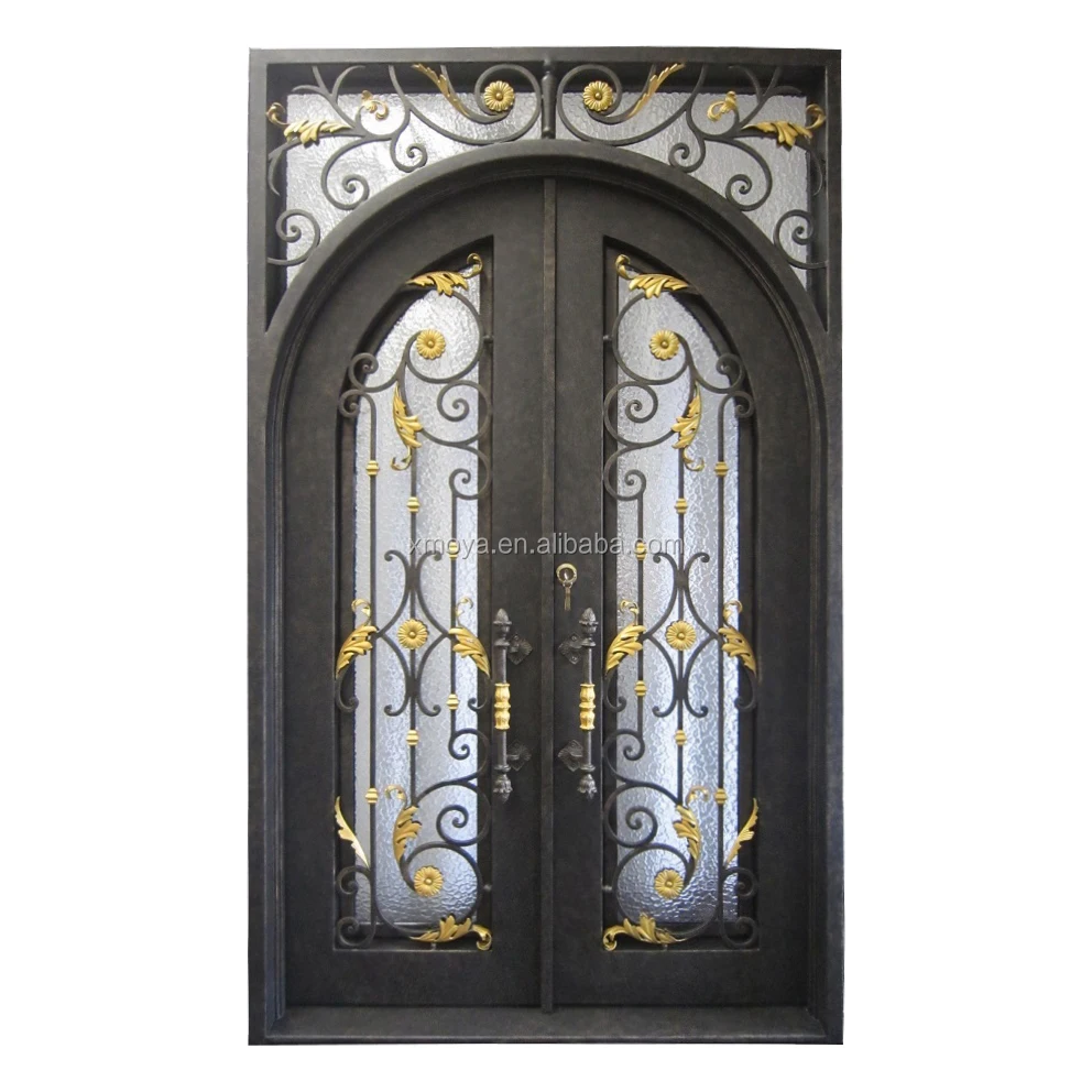 Modern Sheet Metal Wrought Iron Main Double Entrance Steel Beautiful Design Eyebrow Front Bronze Security Iron Doors For House