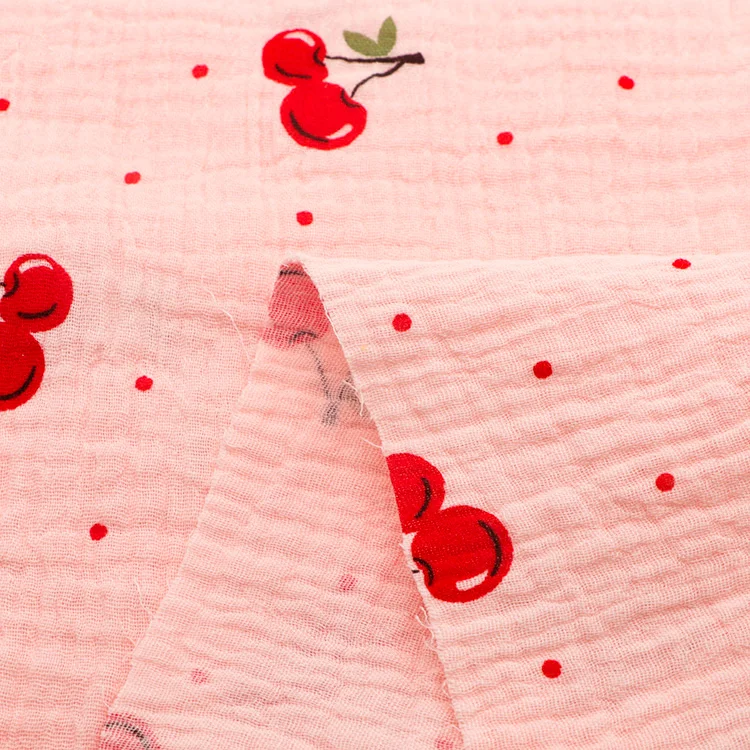 Custom design 110gsm woven airflow cherry pattern printed crepe cotton fabric for baby clothing