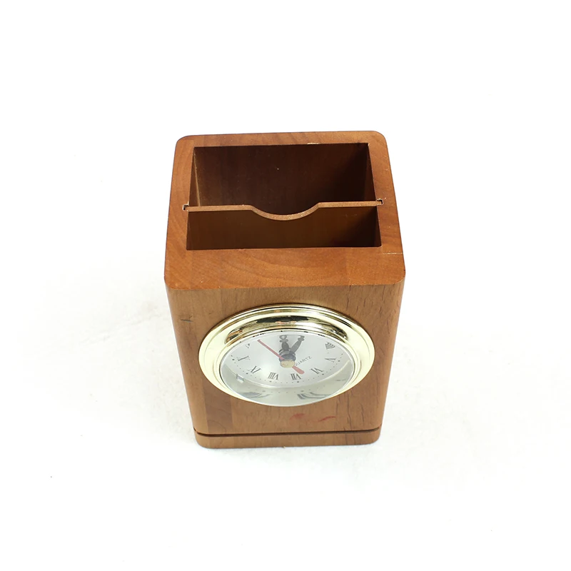 Wooden fashion silent clock pen holder storage box, creative wooden office decoration, simple desk stationery utility box