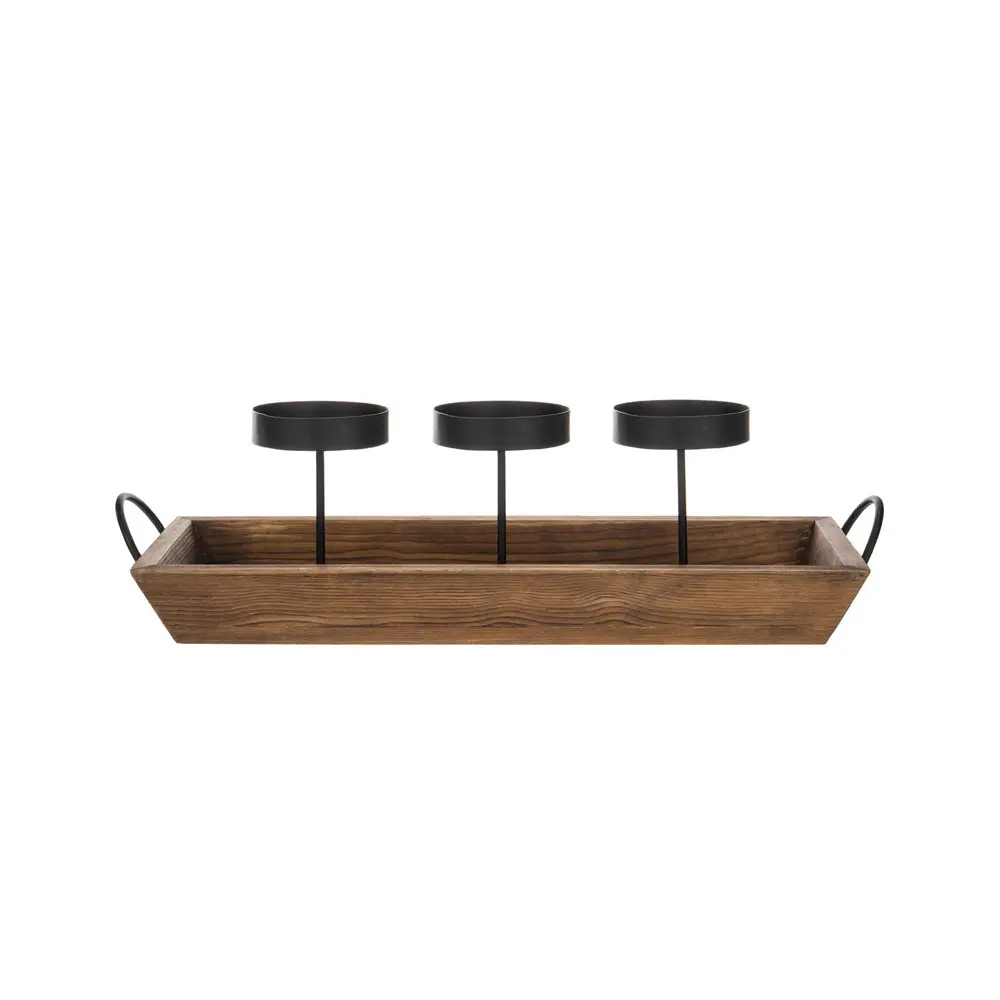 3-Pillar Black Metal Candle Holder with Rustic Wood Tray and Handles, Tabletop/Mantel Centerpiece