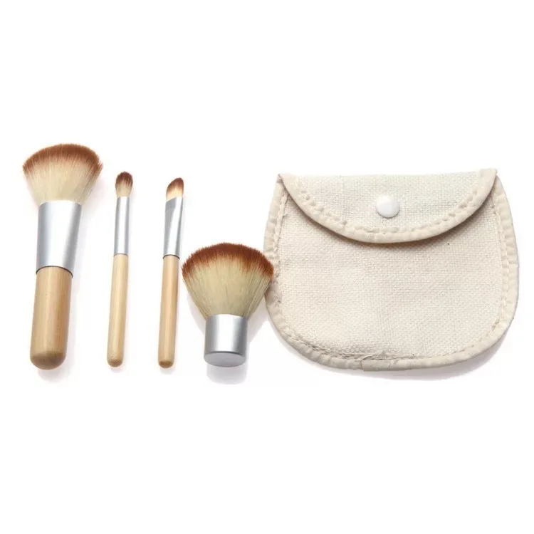 Custom logo Eco Friendly Bamboo Handle Mini Travel Brush 4pcs Makeup Brushes Set For Foundation Blending Brush Makeup With Bag