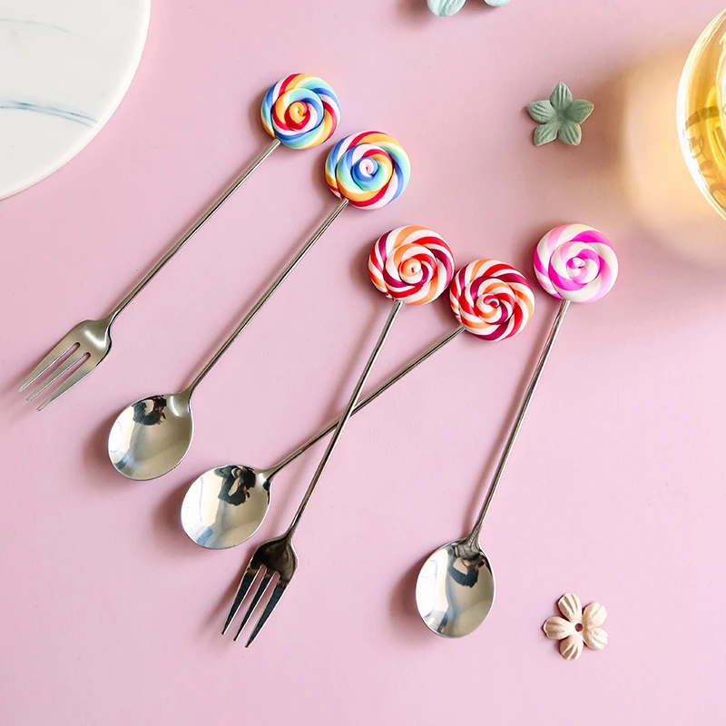 Wholesale Wedding Cutlery Child Rose Gold Stainless steel Candy Shaped Dessert Coffee Mixing Ice Cream Milk Tea Fork Spoon Set