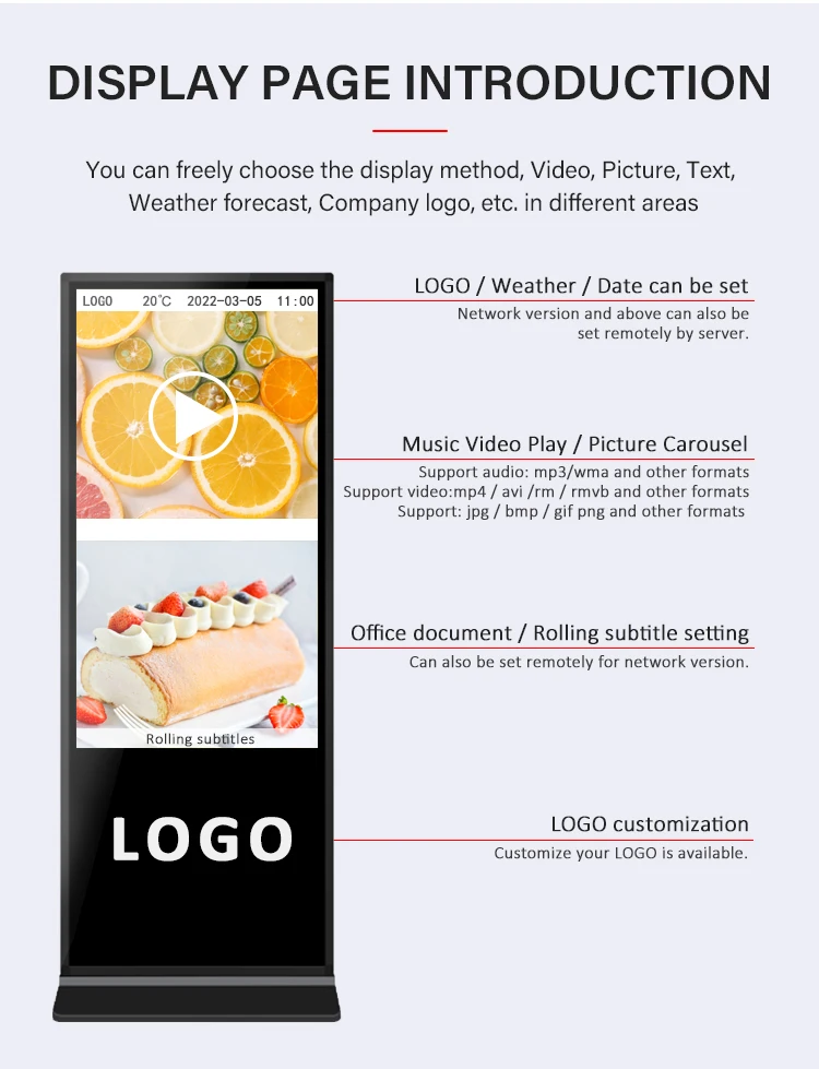 Indoor Screen Floor Stand Indoor Led Advertising Digital Signage Display Media Player