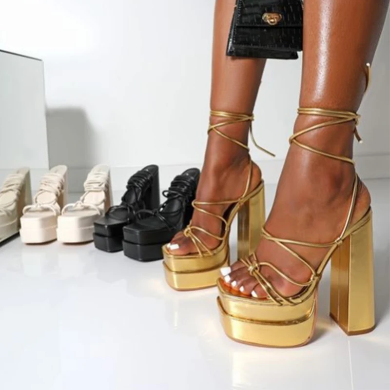 Summer 2022 Trendy Designer Candy Color Ladies Shoes Lace Up Platform Chunky Heel women Sandals