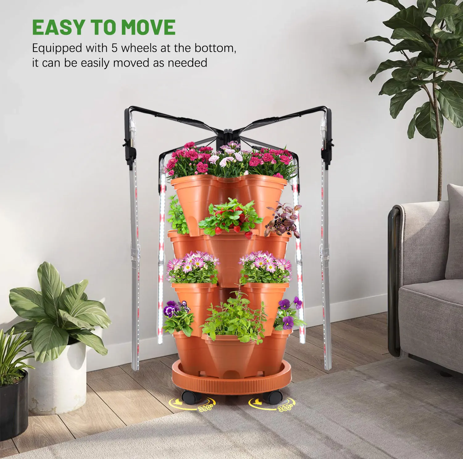 Stackable Strawberry Flower Vegetables Indoor Growing Pots Grow Tower System Vertical Garden Planters with Light