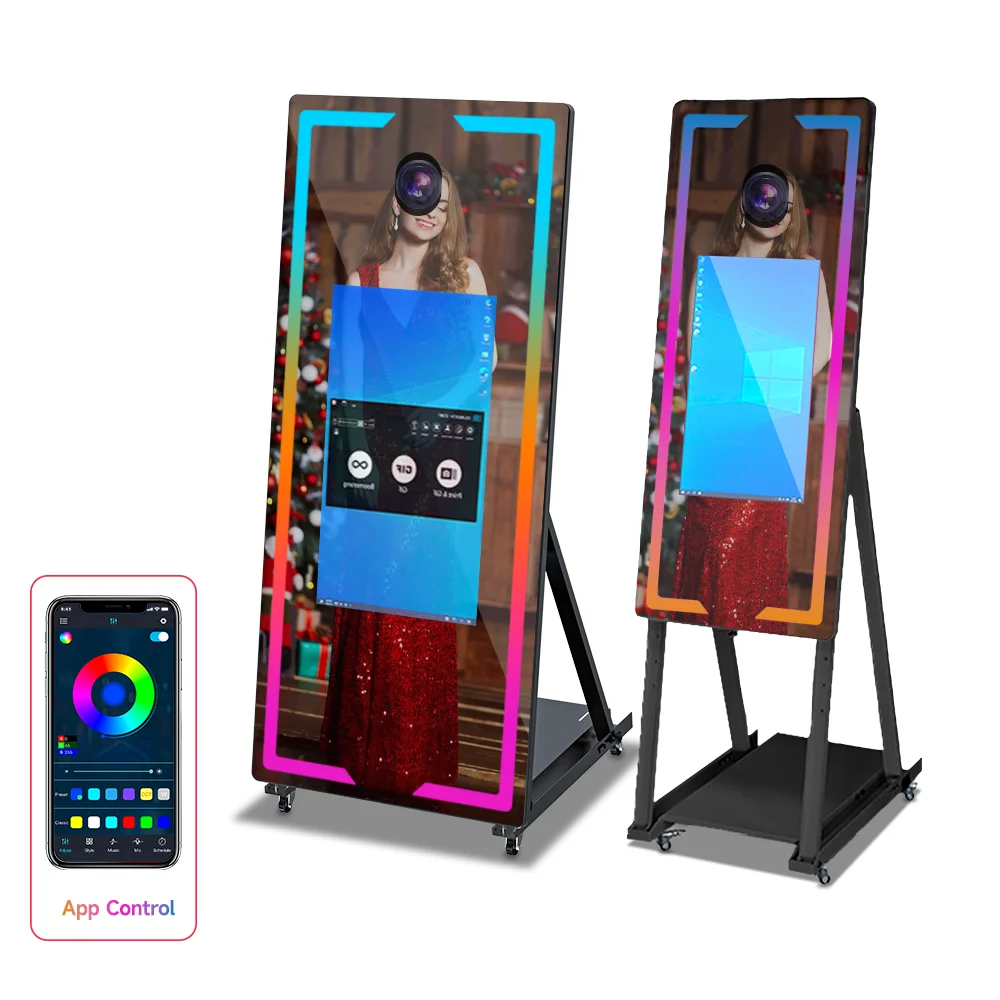 Led metal frame selfie 45/65inch flash light magic mirror photo booth touch screen machine with camera and printer for event