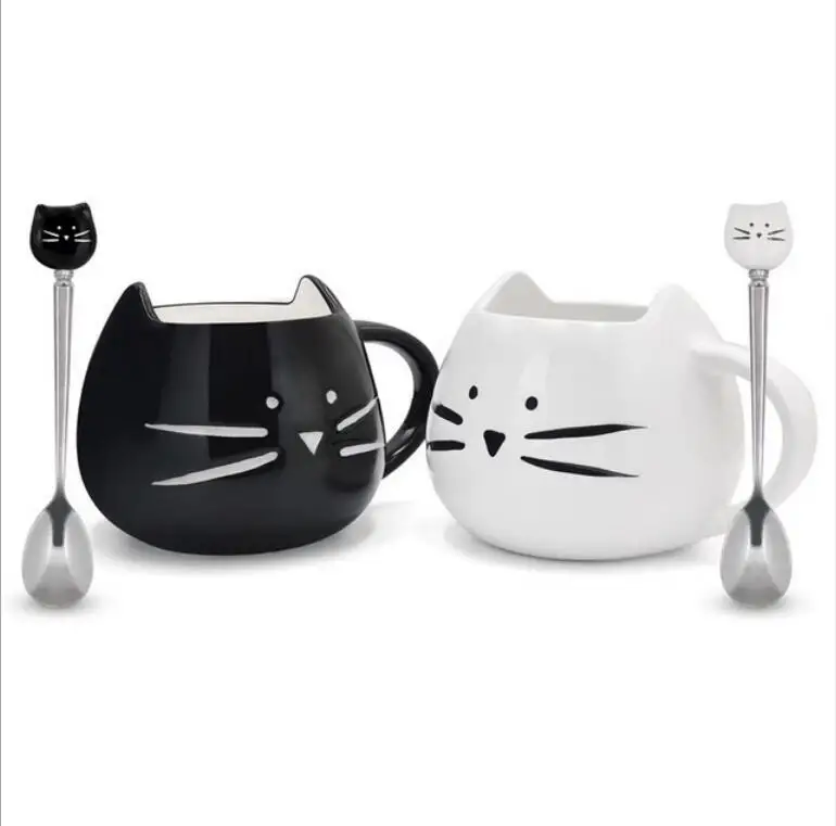 Factory whole sale  black cat mug shape Ceramic Coffee cup with spoon