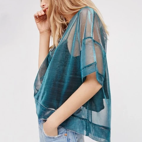 women v-neck half loose sleeve T-shirts transparent mesh up tops sexy street wear solid blue slim sheer casual T-shirts