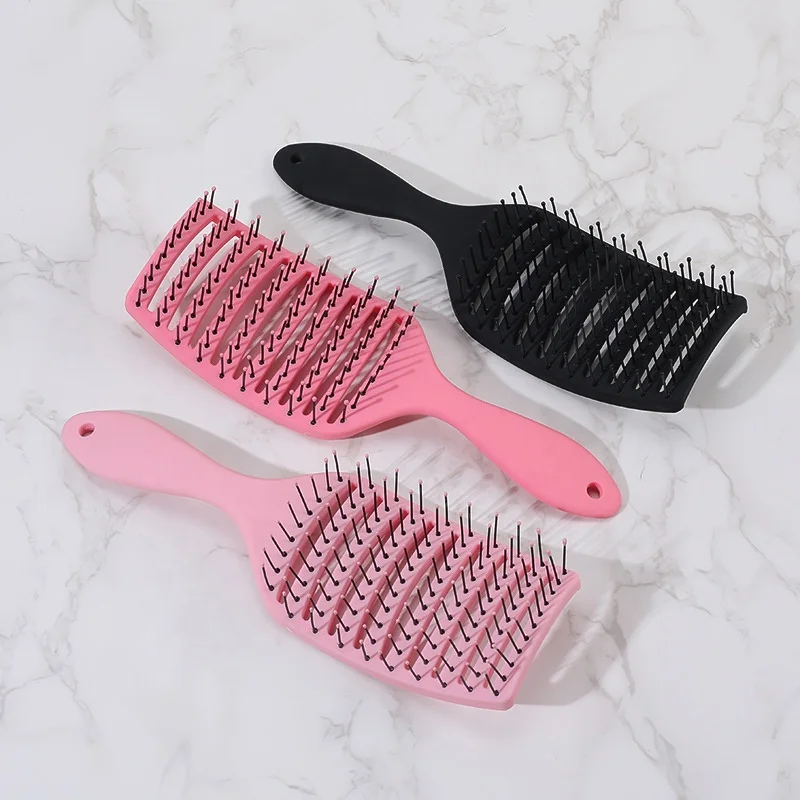 Custom Logo Pink Detangling Nylon Bristles Hair Brush Hollow comb Large home curly styling ribs comb wet and dry hair comb