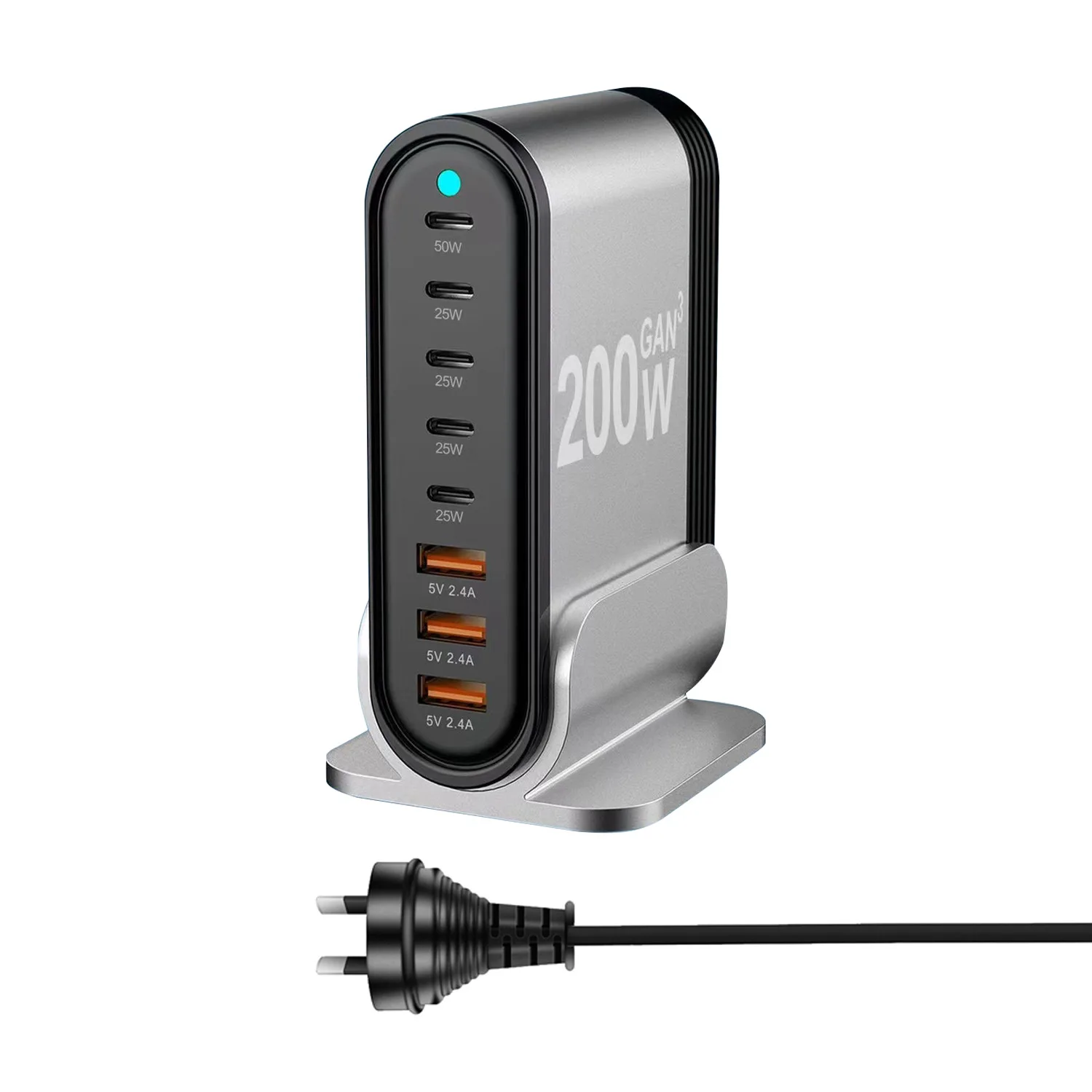 200W GaN USB C Block 8 Port PD USB C  QC 3.0 USB A Laptop Power Adapter Super Fast  Charging Station Hub Wall Charger