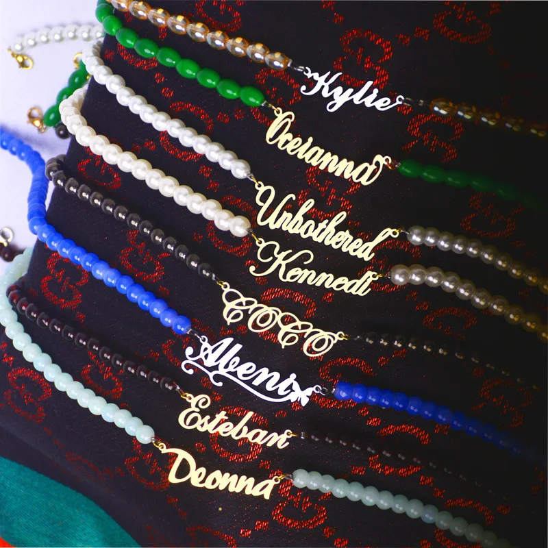 Kids name plate personalized Custom Mom Letter Pendant Heart Engraved necklace Diy Name Pearl necklace