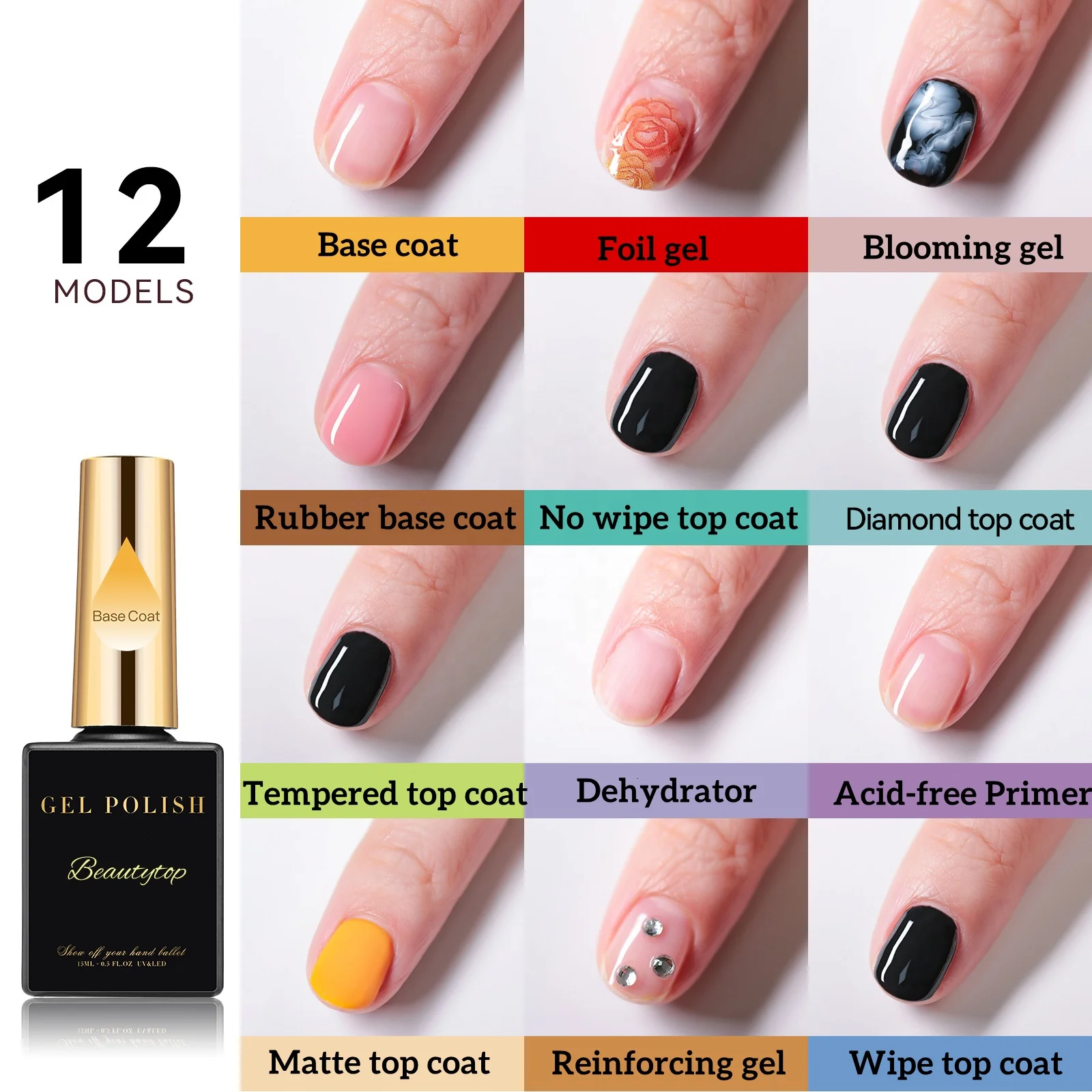 Beautytop custom Nail multi functional uv gel polish 12 options with rubber base coat top coat primer structure gel