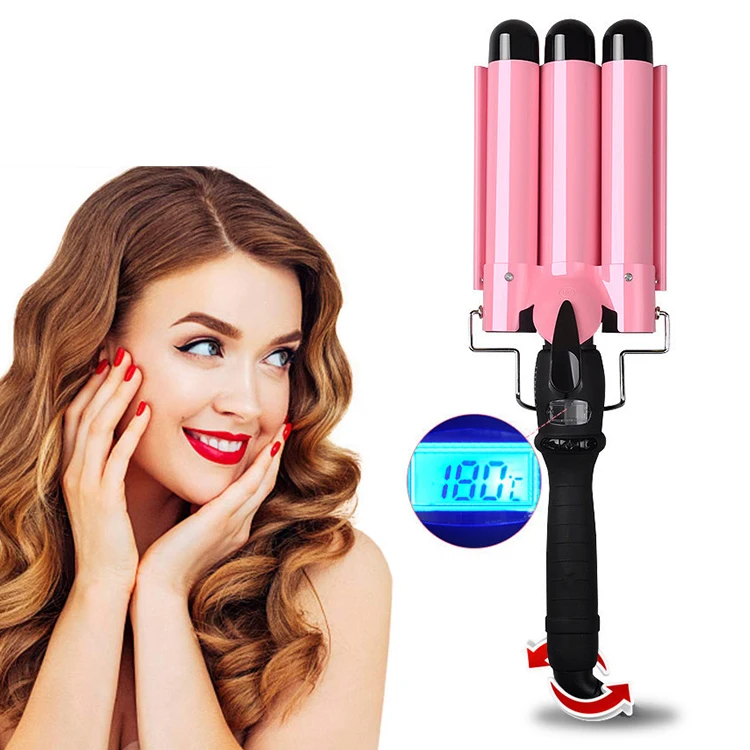 2020 New Product Korean Egg Roll Head Warming 3 Barrel Ceramic Electric Hair Curler Automatic LED Display Big Wave Hair Curler