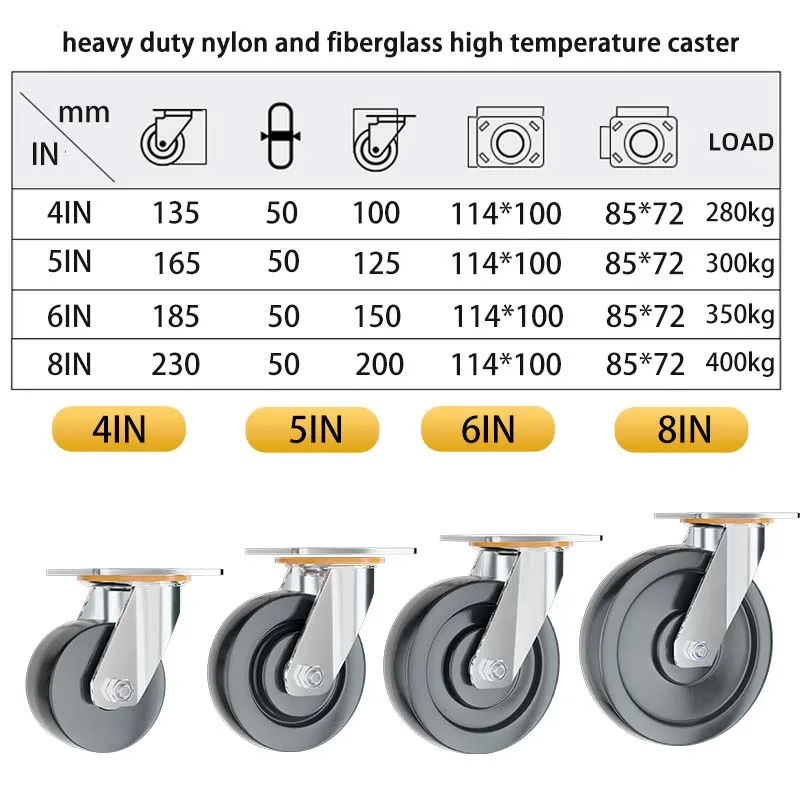 6 inch rigid/swivel/brake stainless steel castor wheel High temperature food processing solid wheel heat resistant caster