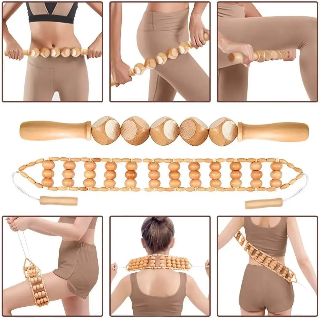 wood lymphatic massager roller 6 in 1 multi facial neck head foot leg body gua sha massage tool for muscles