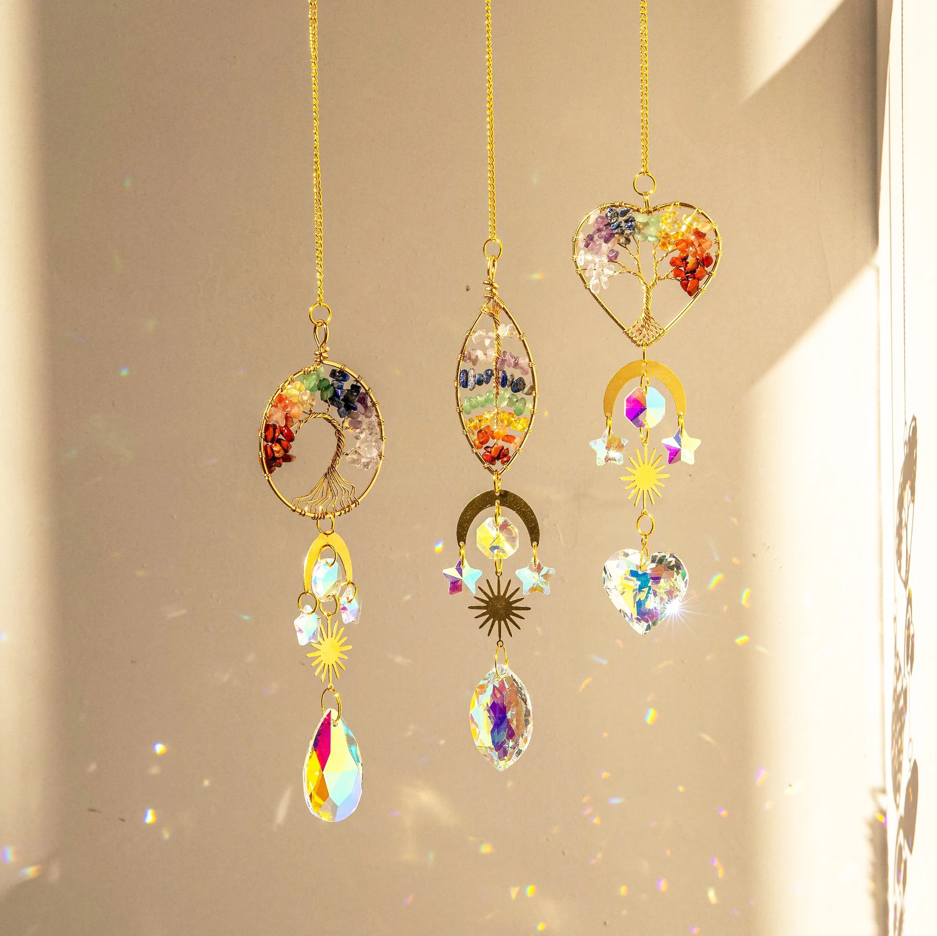 K9 Tree Of Life Rainbow Light Catcher Chakra Crystal Sun Catcher Hanging Rose Quartz Outdoor For Car