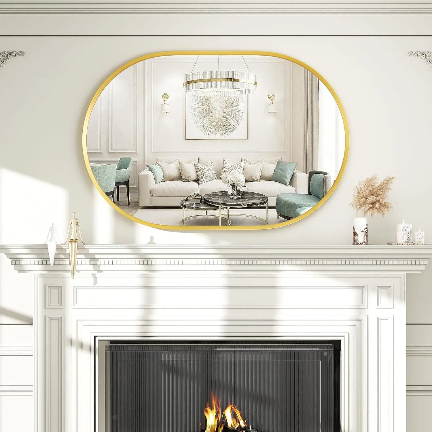 Decorative bathroom mirror oval gold metal framed mirror wall mounted vanity mirror for bathroom