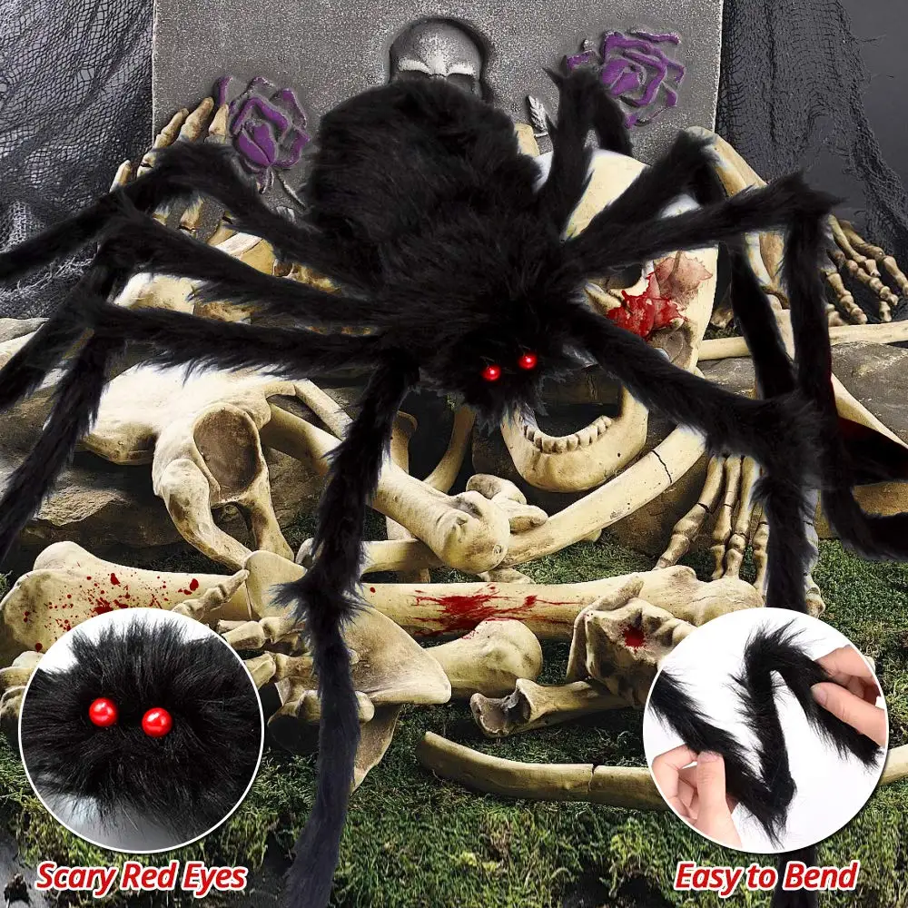 Black Scary Giant Hairy Spider Props Oversized Plush Spider Ghost Festival Indoor and Outdoor Halloween Decoration
