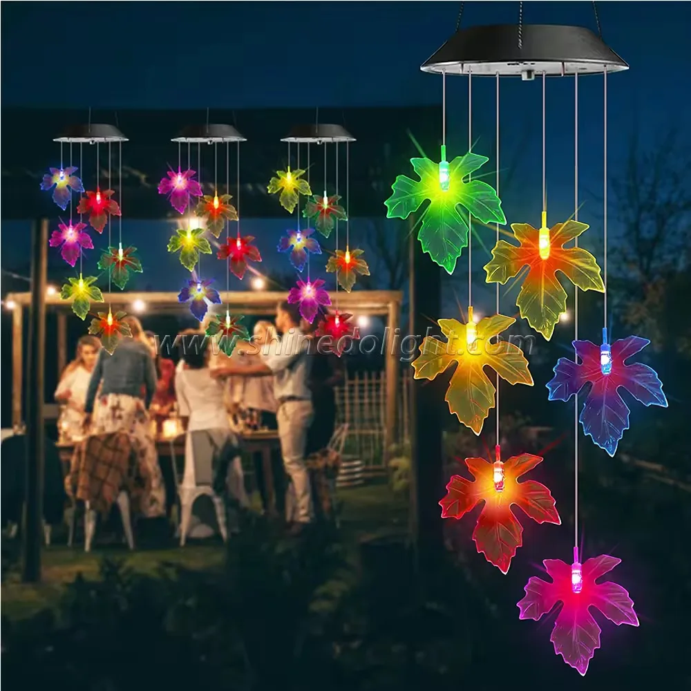 LED Mobile Solar Wind Chimes Color-Changing Maple Leaf Design Made of Durable Plastic