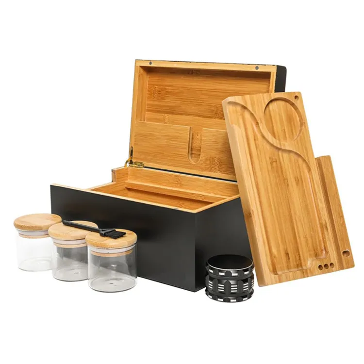 Большой бамбуковый ящик для хранения аксессуары курения воздухонепроницаемые стеклянные банки органайзер запираемый с подносом прокатки