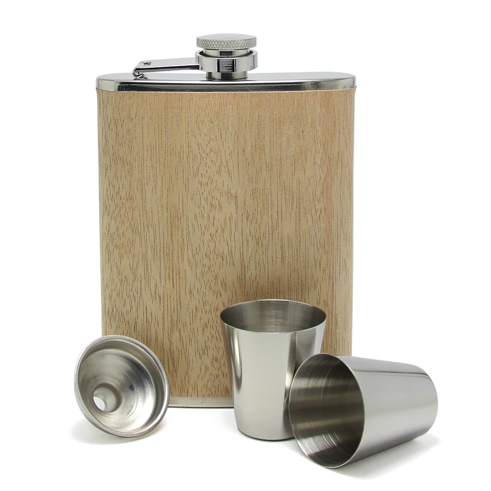 8oz Creative Metal Stainless Steel Hip Flask Wooden Wrapped Whiskey Wine Bottle Alcohol Pocket Flagon Gifts Wood Flask