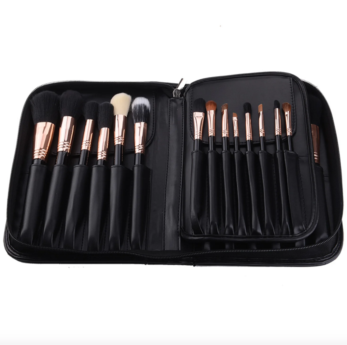 Quality black leather cosmetic brush case brush bag