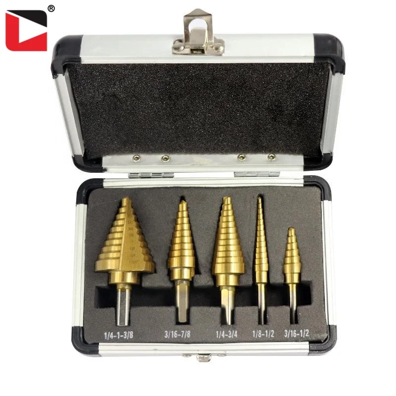 Aluminum case 5pcs hss titanium nitride step drill bit set for metal drilling
