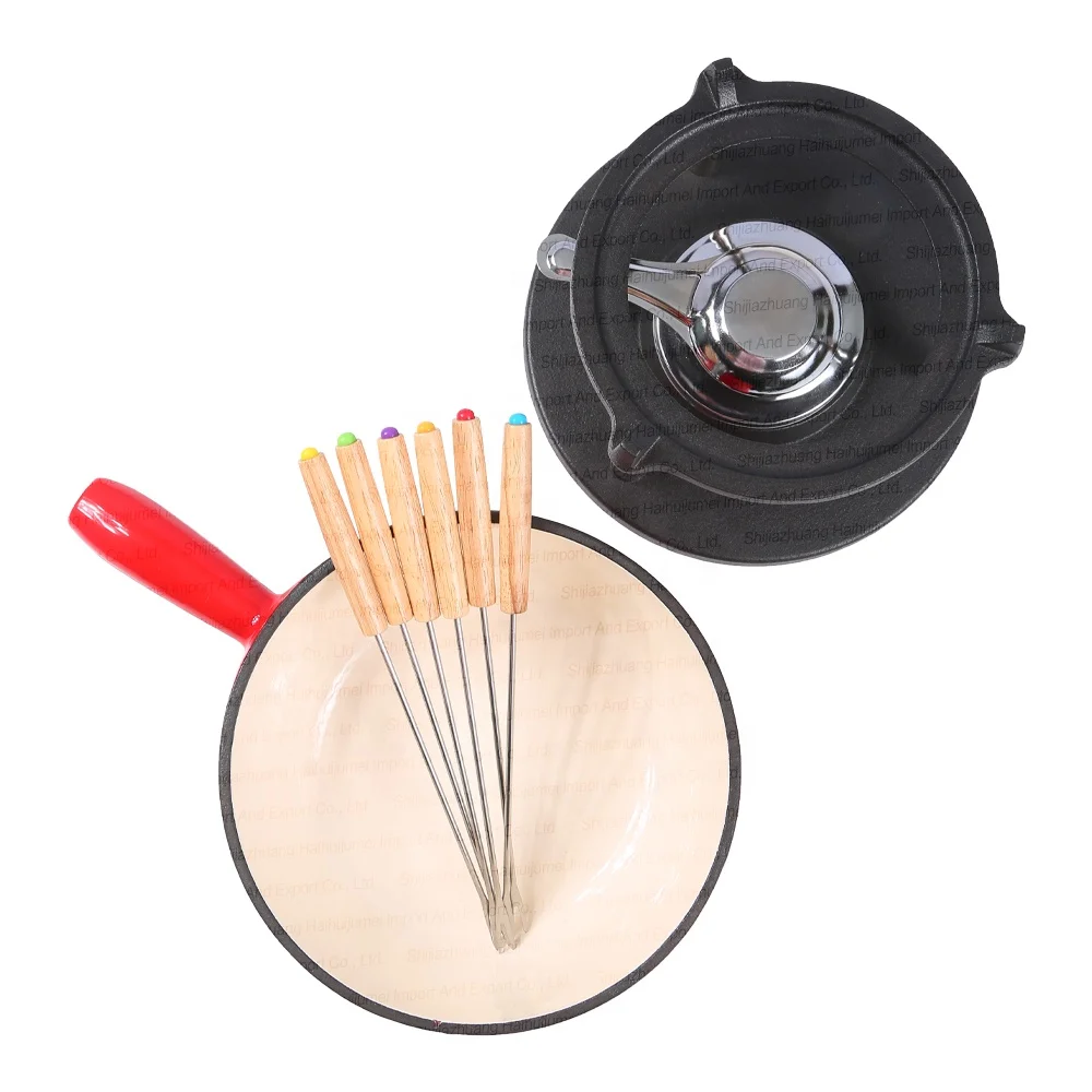 Cast Iron Enamel Cookware Round Red Fondue Set Cheese Chocolate Nonstick Pot