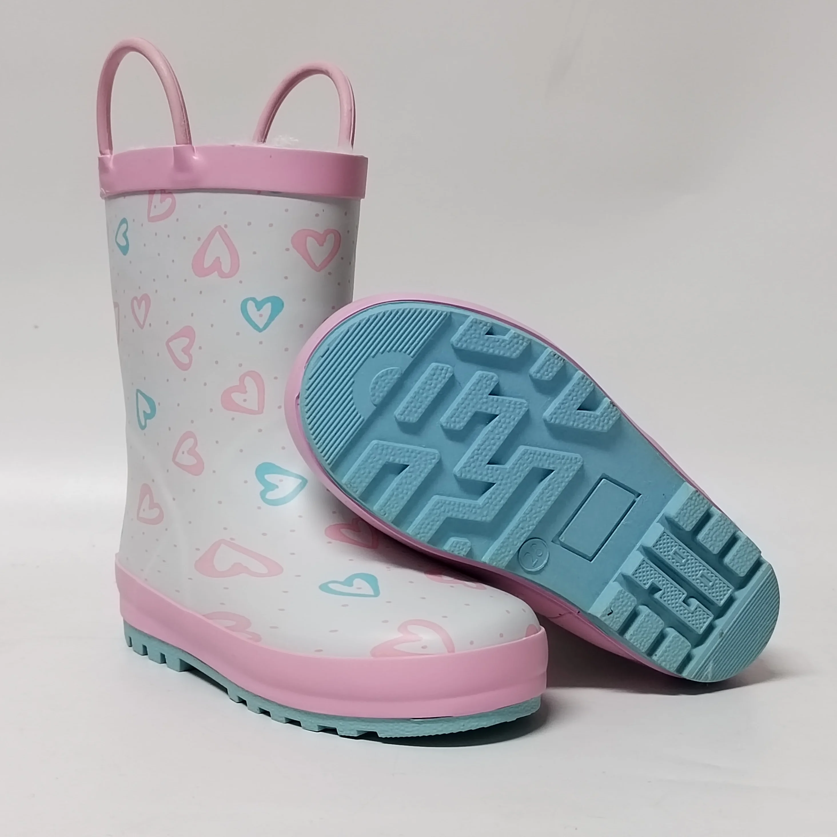 the latest design heart printed polar fleece lining rubber rain boots for Children Kids