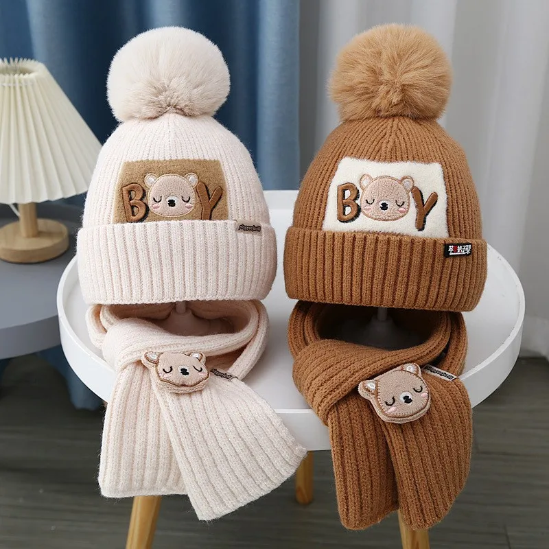 Syh1056 Children Pure Color Warm Hat Scarf Set Winter Hat Knitted Beanies Hat Knitted Beanie Boys Girls Solid caps