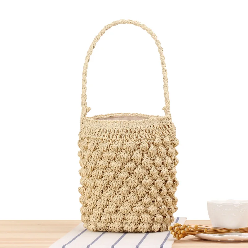 Hand-made Bucket Straw Bag Top Handle Handbags Luxury Designer Woven Shoulder Bag Raffia Summer Vacation Casual Bags for ladies