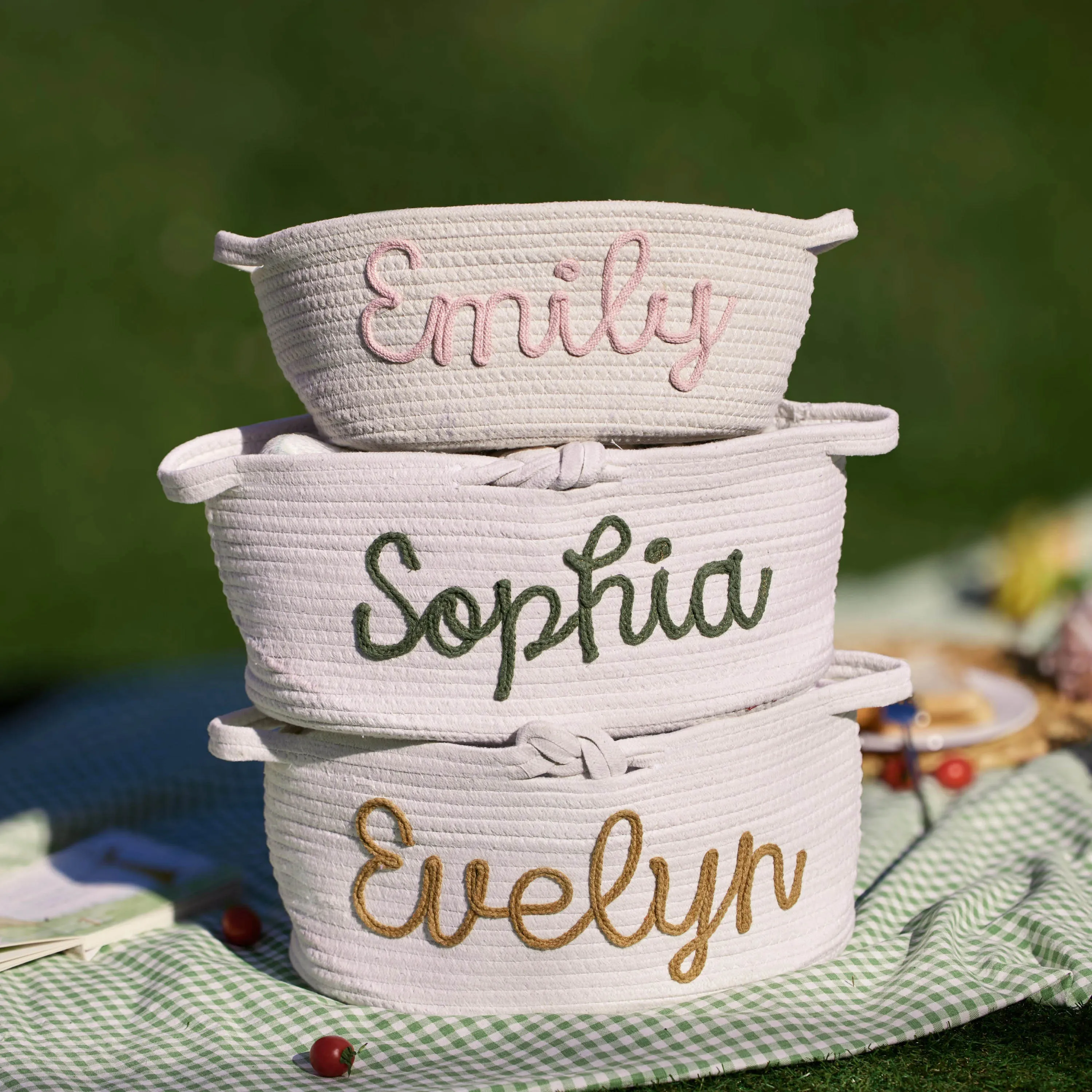 Custom Personalized Baby Shower Gift Basket Rope Cotton Baby Name Toy Basket Diaper Organizer