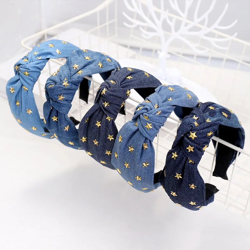 LRTOU Wholesale Fashion Hair Accessories Women Gold Star Hair Band Denim Jeans Fabric Knot Headband Hairband For Girls