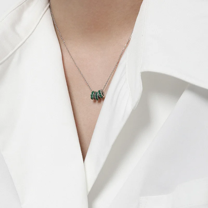 Green cz channel setting three rings pendant fashion sterling silver mini round bean pendant necklace