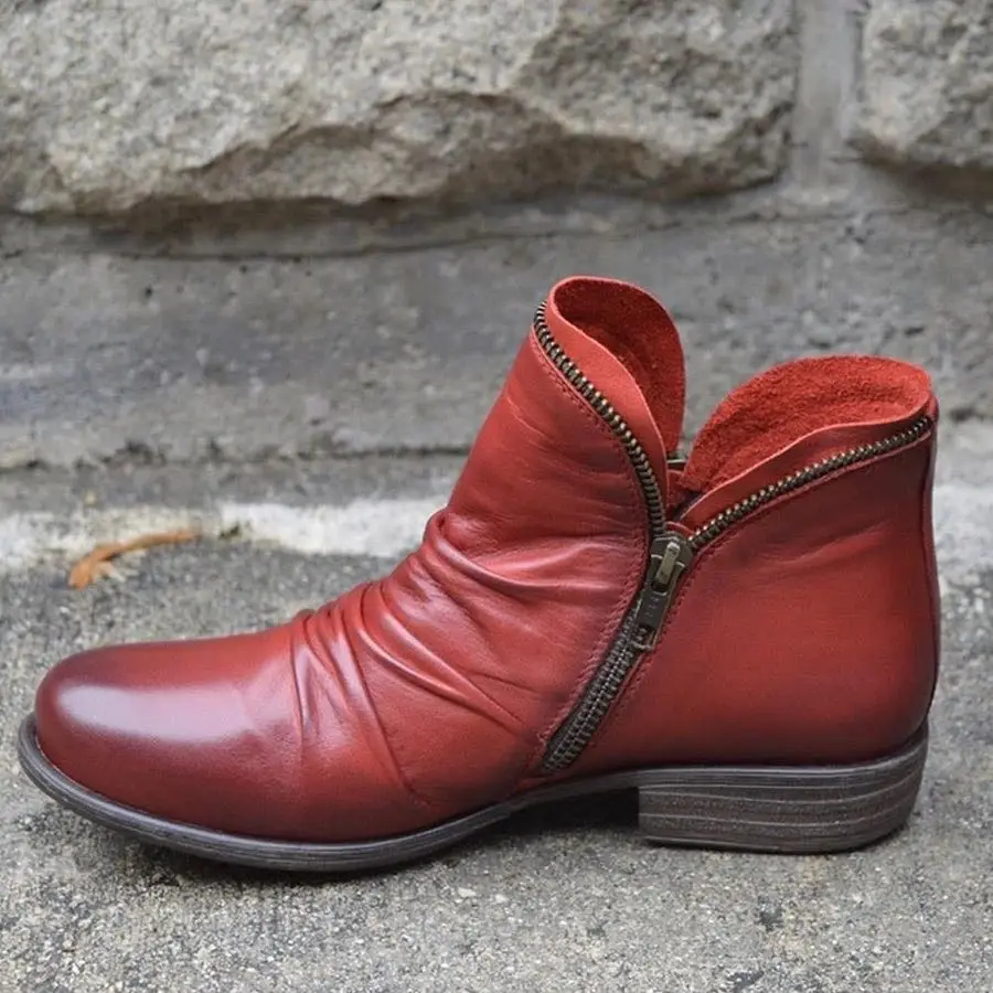 Women PU Leather Ankle Boots Women Autumn Winter Zipper Vintage Women Punk Boots Flat Ladies Shoes Flat Short Snow Boots Mujer