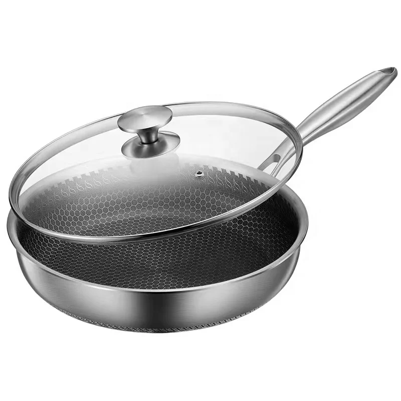 Customized SS 316 Stainless Steel Wok With Glass Lid Woks 3 layers Tri-ply Non-stick Frying Pan Honeycomb Wok