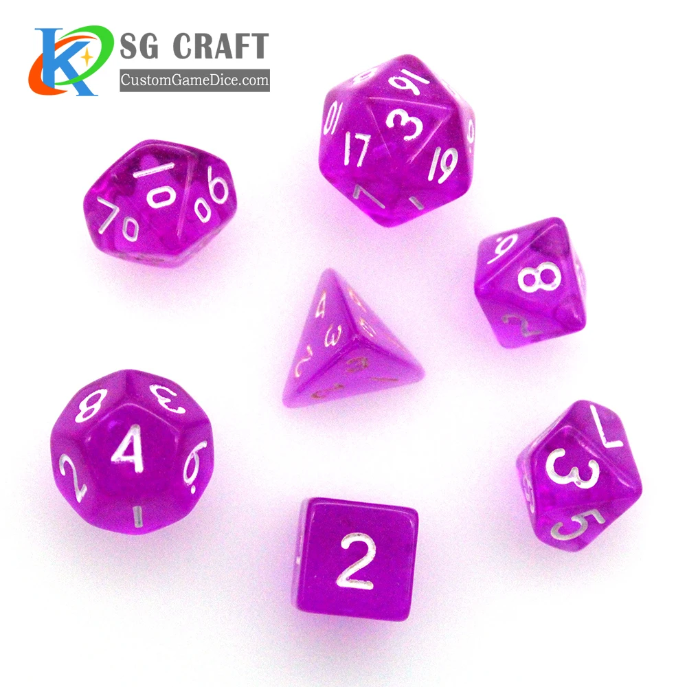 Custom acrylic transparent purple 6mm 8mm 10mm rpg game dnd d4 d6 d8 d10 d12 d20 polyhedral mini miniature dice set