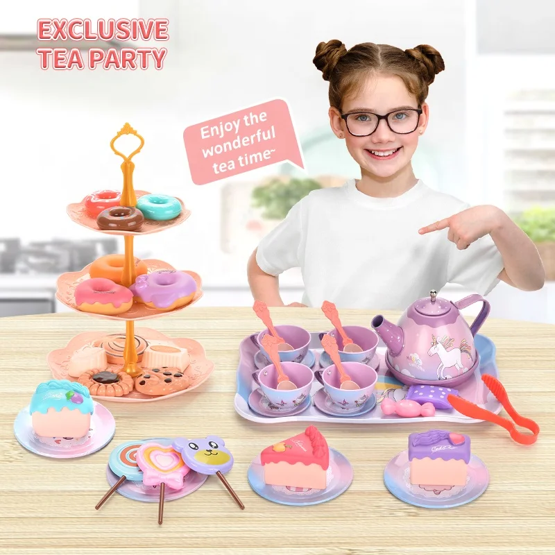 New Design Girl Kitchen Toys Afternoon Tinplate Tea Dessert Cake Pretend Play Toys Little Girls Princess Hand Gift Box Set